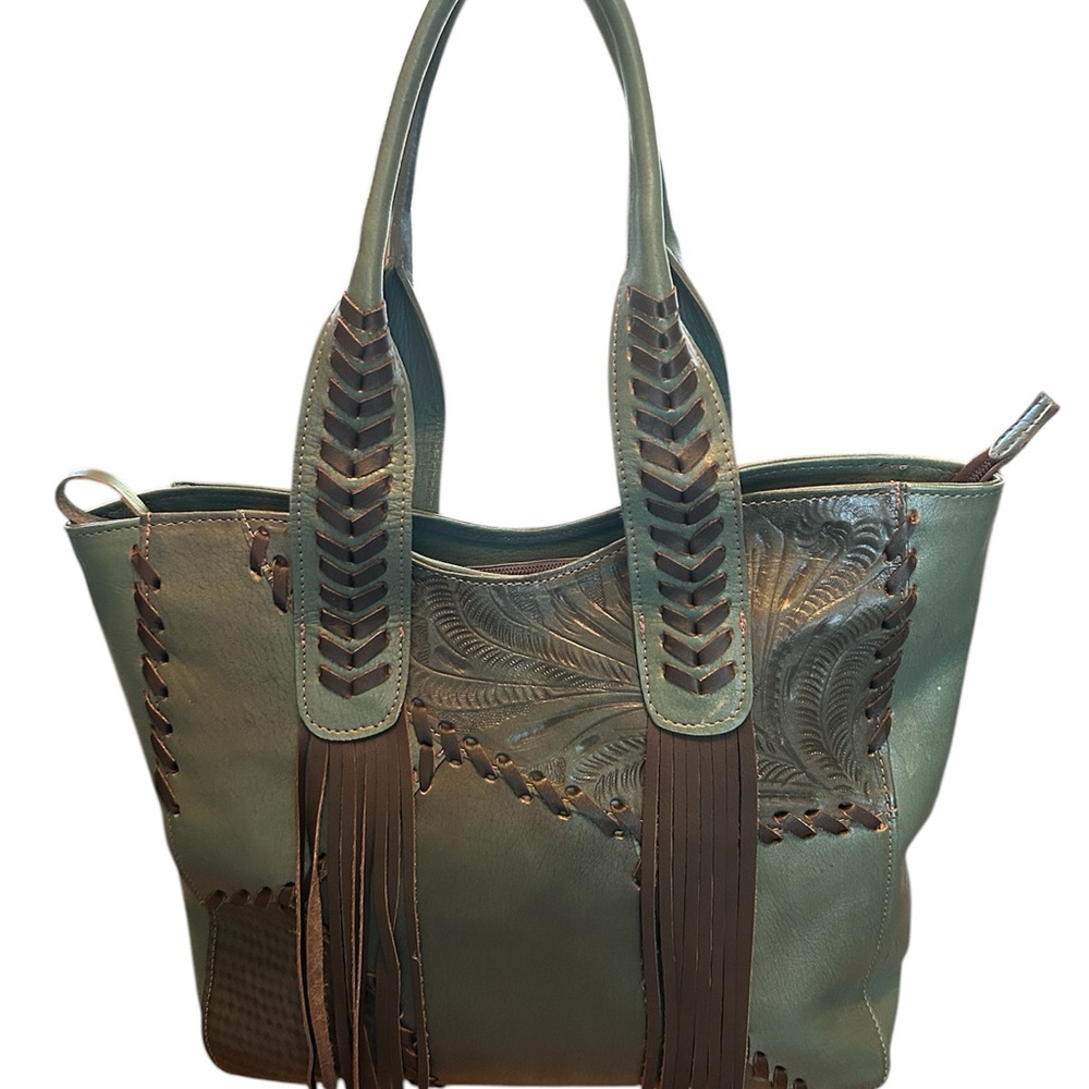 American West Green Shoulder Bag with Unique Handles and Textured Leather